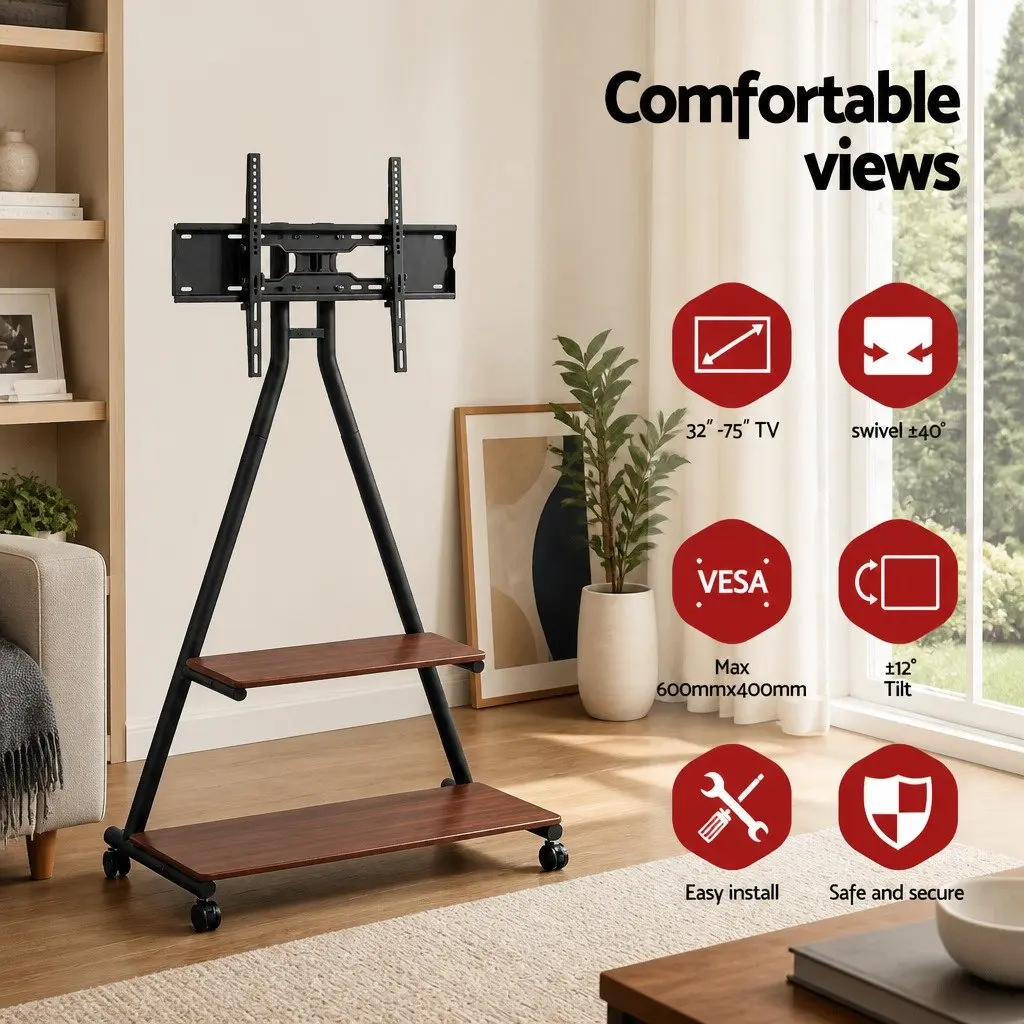 Mobile TV Stand Black 32-75 inch Heavy Duty Steel Frame with Dual-Shelf Storage and Smooth Rolling Caster Wheels