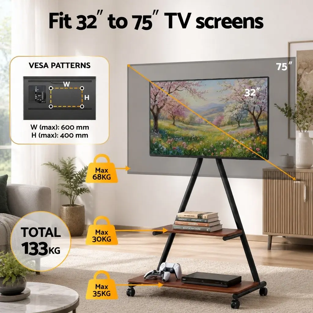 Mobile TV Stand Black 32-75 inch Heavy Duty Steel Frame with Dual-Shelf Storage and Smooth Rolling Caster Wheels