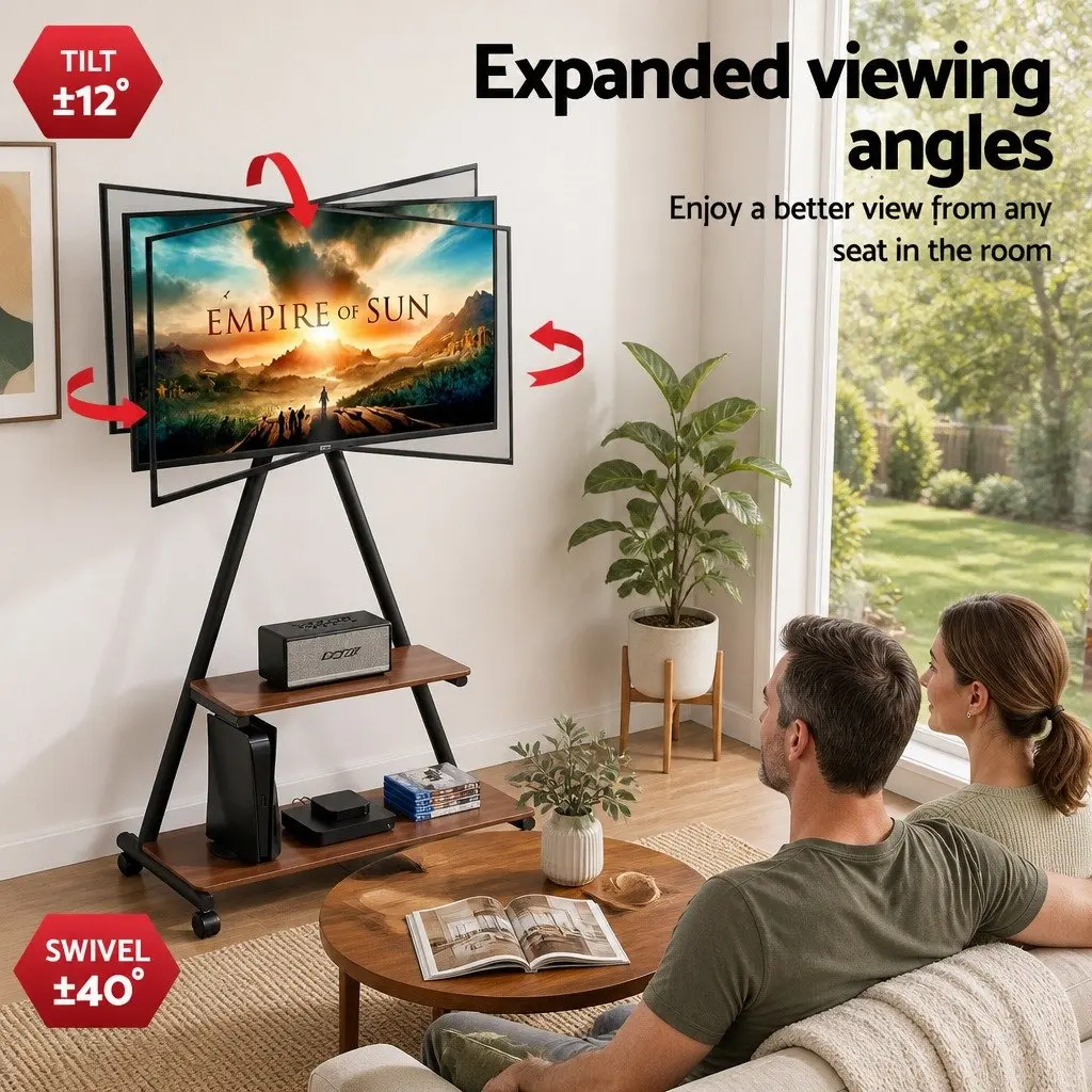Mobile TV Stand Black 32-75 inch Heavy Duty Steel Frame with Dual-Shelf Storage and Smooth Rolling Caster Wheels