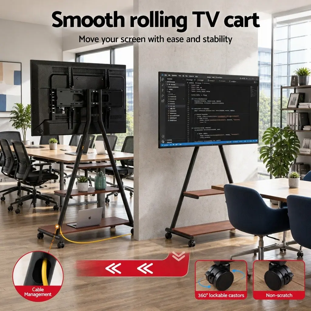 Mobile TV Stand Black 32-75 inch Heavy Duty Steel Frame with Dual-Shelf Storage and Smooth Rolling Caster Wheels