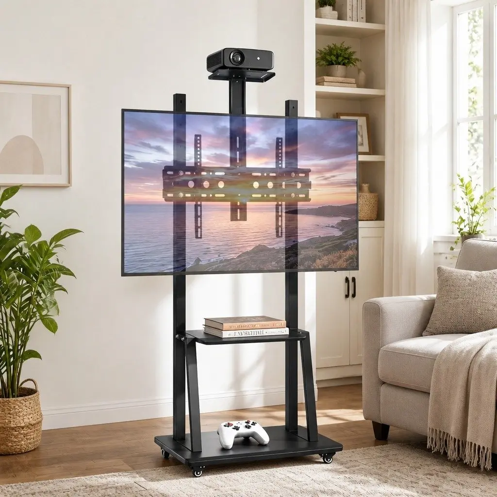 TV Stand Black Steel Frame Adjustable Height for 32-70 inch TVs with Removable Lockable Casters