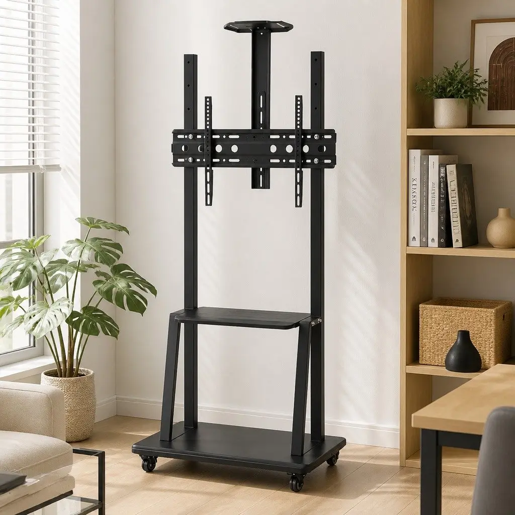 TV Stand Black Steel Frame Adjustable Height for 32-70 inch TVs with Removable Lockable Casters