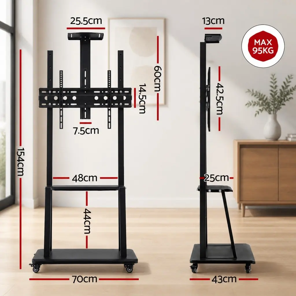 TV Stand Black Steel Frame Adjustable Height for 32-70 inch TVs with Removable Lockable Casters