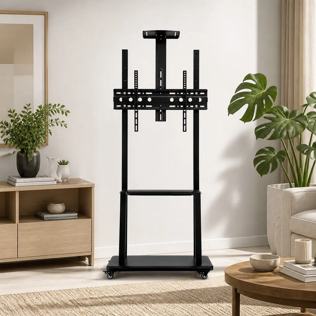 TV Stand Black Steel Frame Adjustable Height for 32-70 inch TVs with Removable Lockable Casters