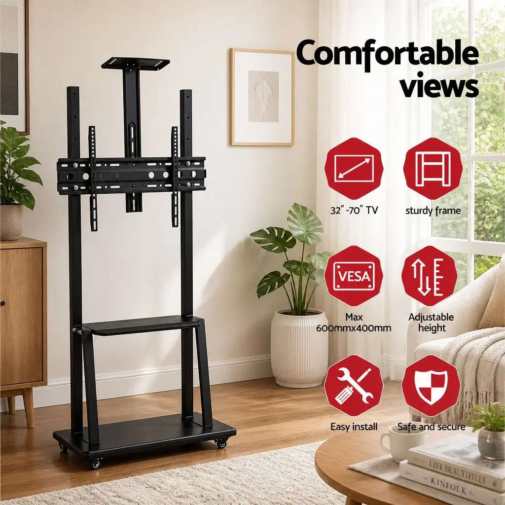 TV Stand Black Steel Frame Adjustable Height for 32-70 inch TVs with Removable Lockable Casters