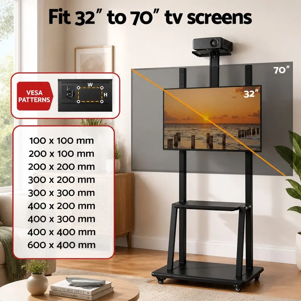 TV Stand Black Steel Frame Adjustable Height for 32-70 inch TVs with Removable Lockable Casters
