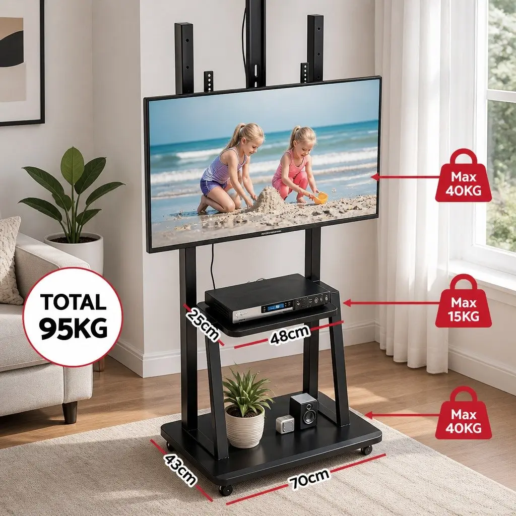 TV Stand Black Steel Frame Adjustable Height for 32-70 inch TVs with Removable Lockable Casters