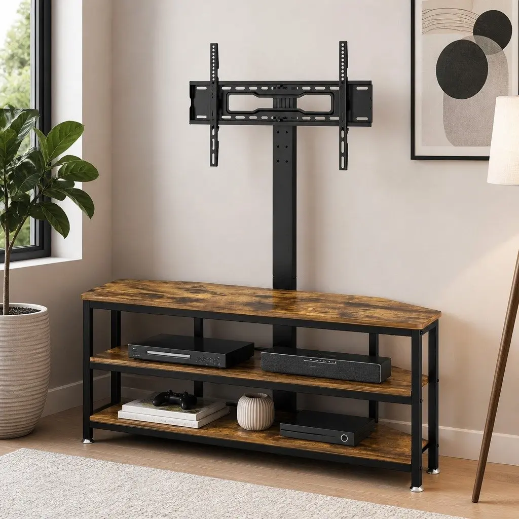 Corner TV Stand Black for 32-70 inch TVs with LED Lights Power Outlet Swivel Mount