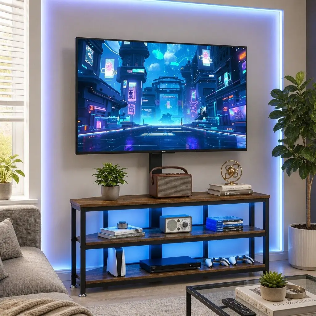 Corner TV Stand Black for 32-70 inch TVs with LED Lights Power Outlet Swivel Mount