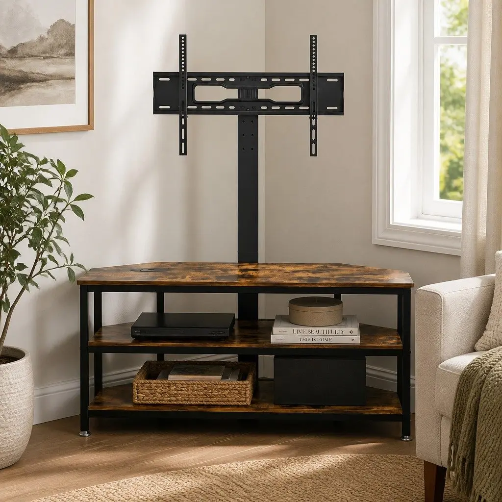 Corner TV Stand Black for 32-70 inch TVs with LED Lights Power Outlet Swivel Mount
