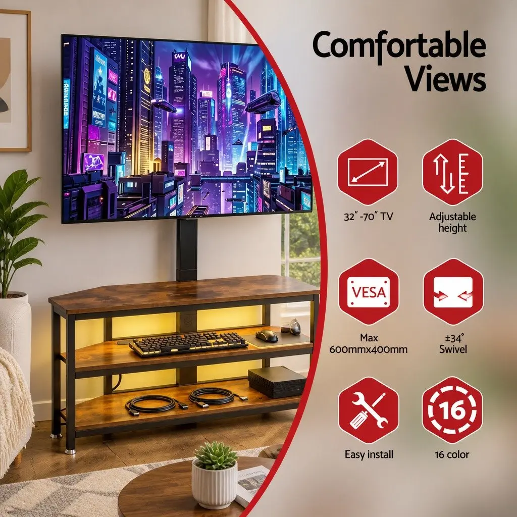 Corner TV Stand Black for 32-70 inch TVs with LED Lights Power Outlet Swivel Mount