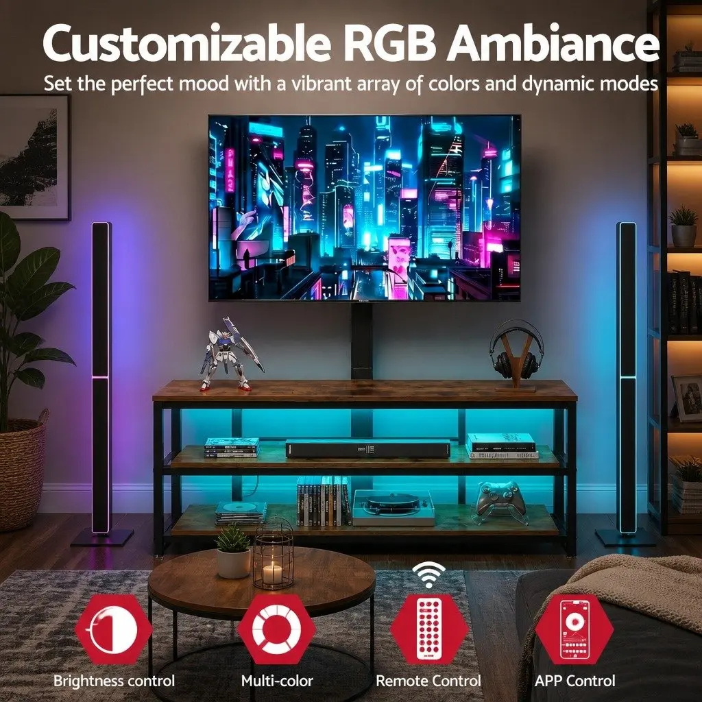 Corner TV Stand Black for 32-70 inch TVs with LED Lights Power Outlet Swivel Mount