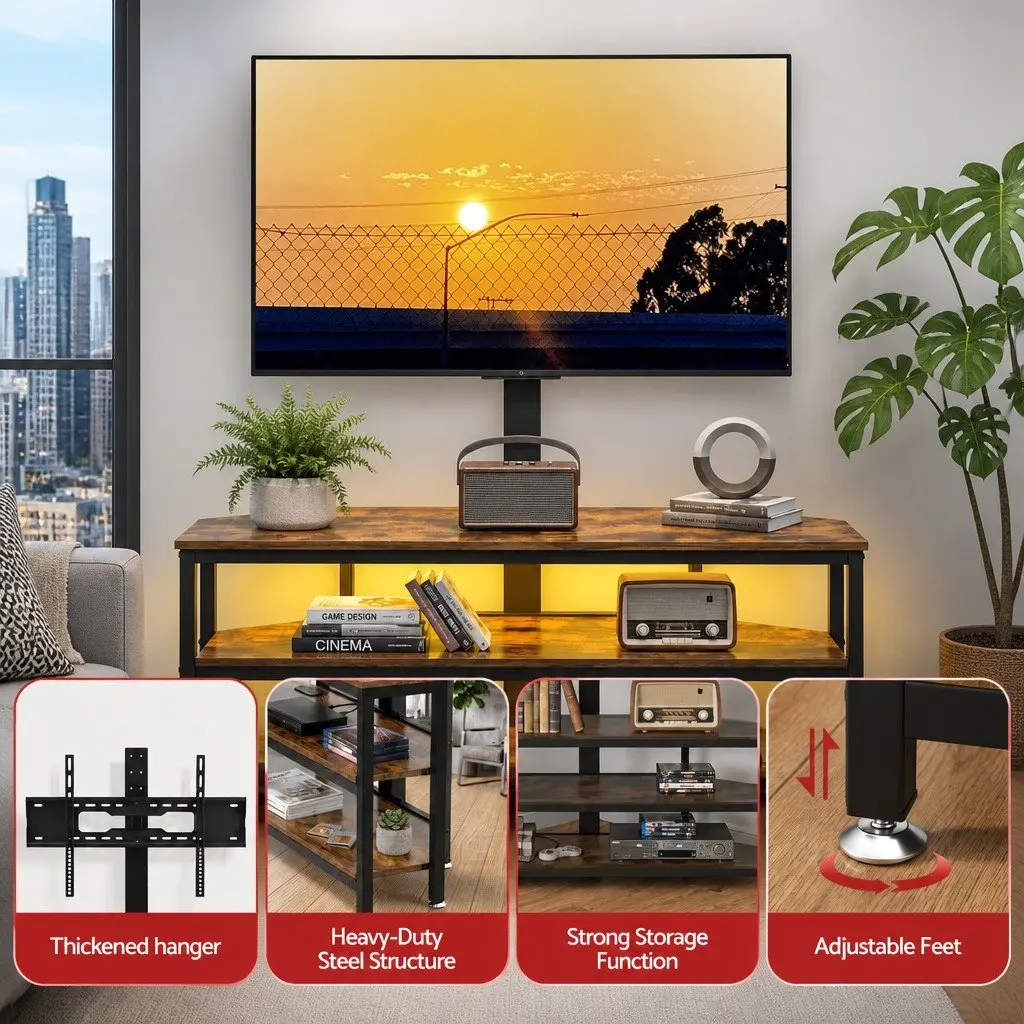 Corner TV Stand Black for 32-70 inch TVs with LED Lights Power Outlet Swivel Mount
