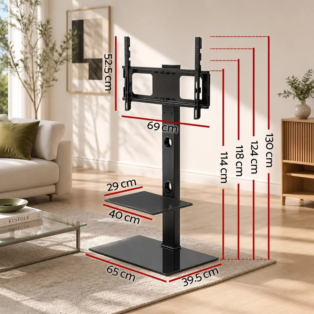 TV Floor Stand Mount Bracket Black 32 to 70 Inch 350 Degree Swivel with 2 Tier Storage Shelf