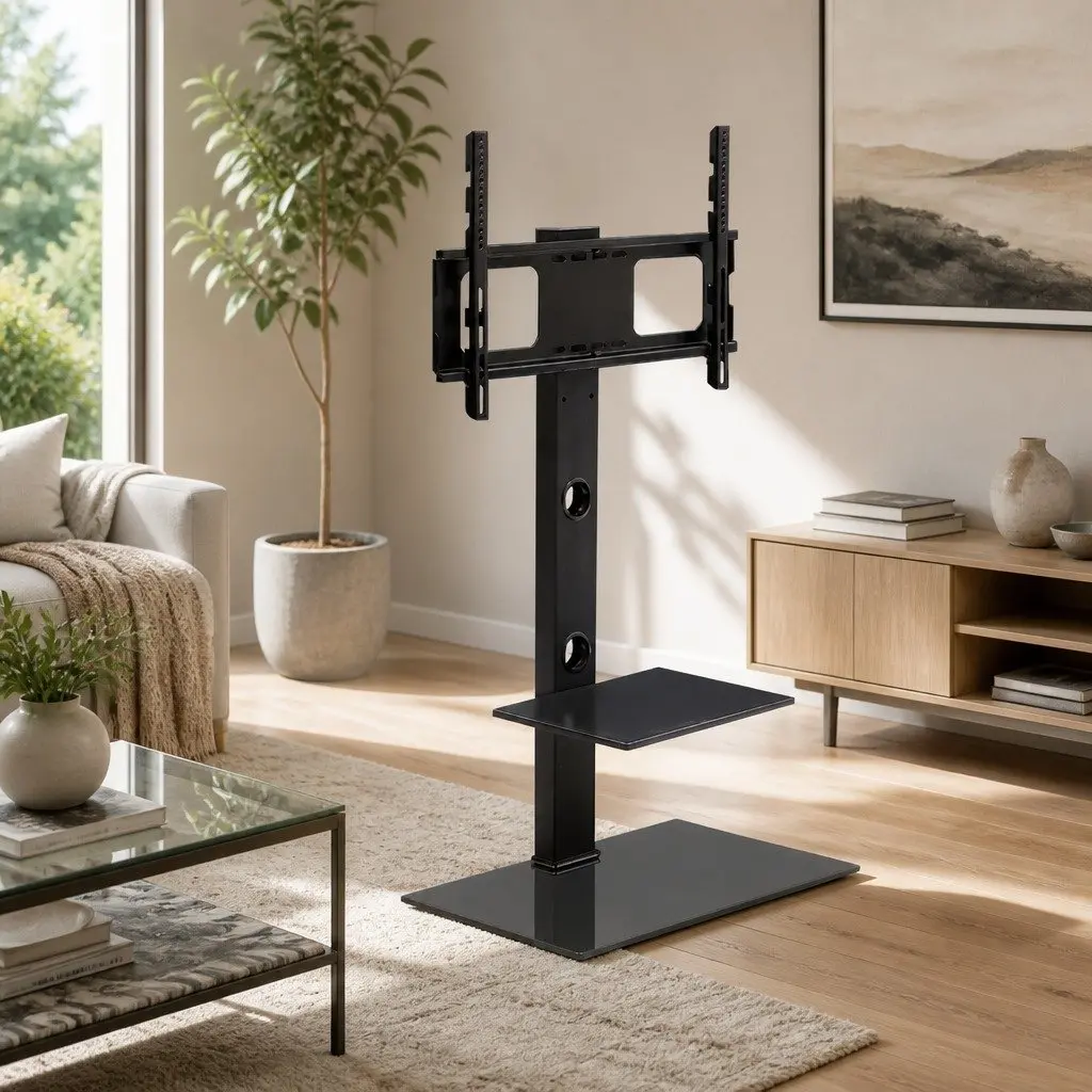 TV Floor Stand Mount Bracket Black 32 to 70 Inch 350 Degree Swivel with 2 Tier Storage Shelf