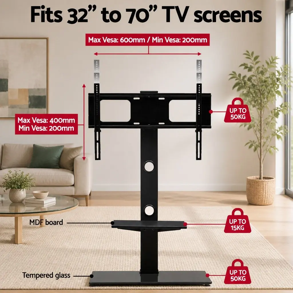 TV Floor Stand Mount Bracket Black 32 to 70 Inch 350 Degree Swivel with 2 Tier Storage Shelf