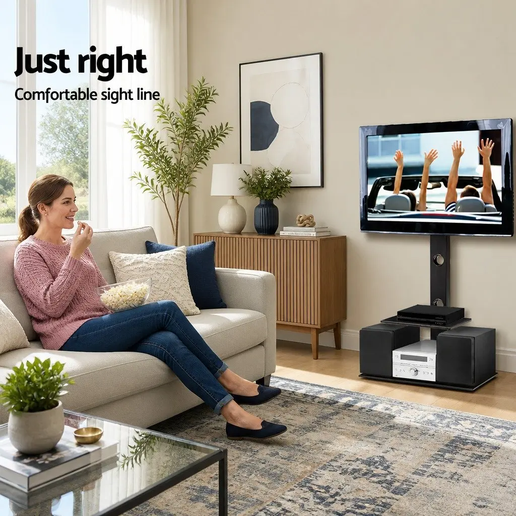 TV Floor Stand Mount Bracket Black 32 to 70 Inch 350 Degree Swivel with 2 Tier Storage Shelf