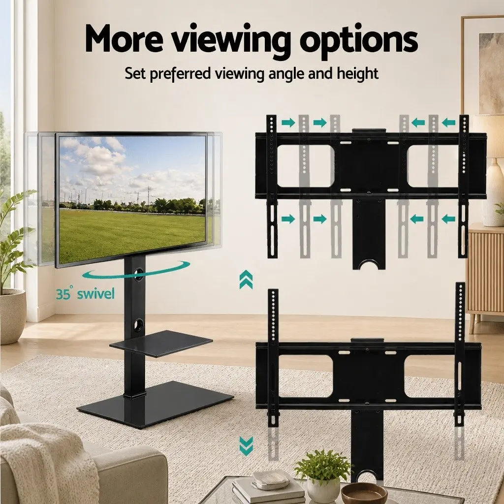 TV Floor Stand Mount Bracket Black 32 to 70 Inch 350 Degree Swivel with 2 Tier Storage Shelf