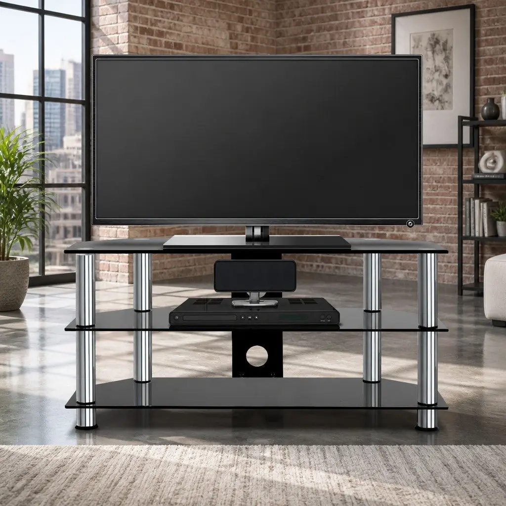 TV Stand 3 Tier Tempered Glass Storage Shelf Media Entertainment Rack Black