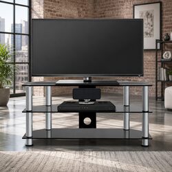 TV Stand 3 Tier Tempered Glass Storage Shelf Media Entertainment Rack Black