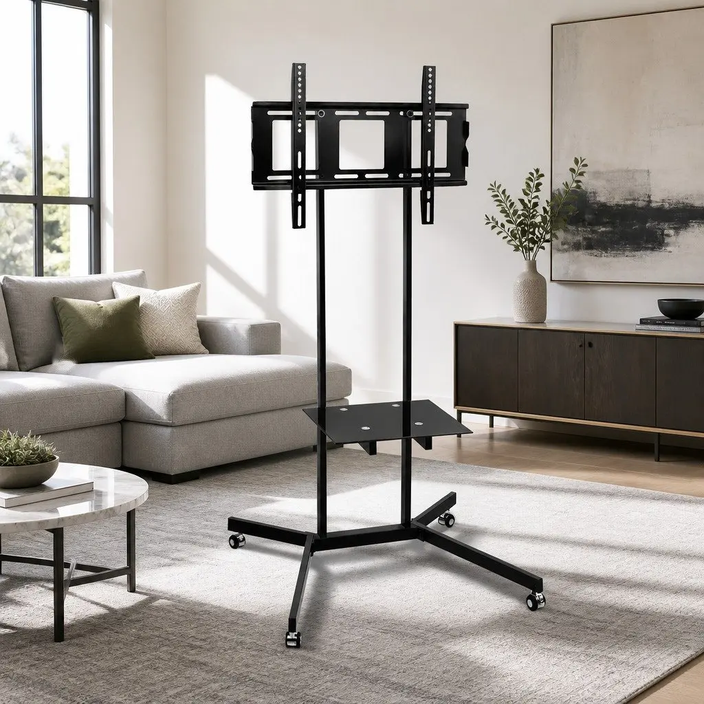 Mobile TV Stand Floor Mount Bracket for 32"-65" Portable Trolley Cart with Shelf