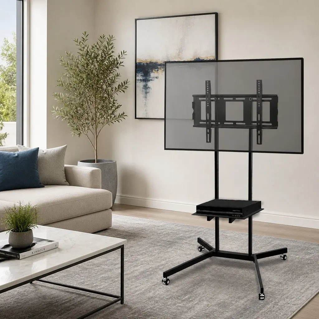 Mobile TV Stand Black 32 to 65 Inch Adjustable Height with Tempered Glass Shelf and Rotating Castor Wheels