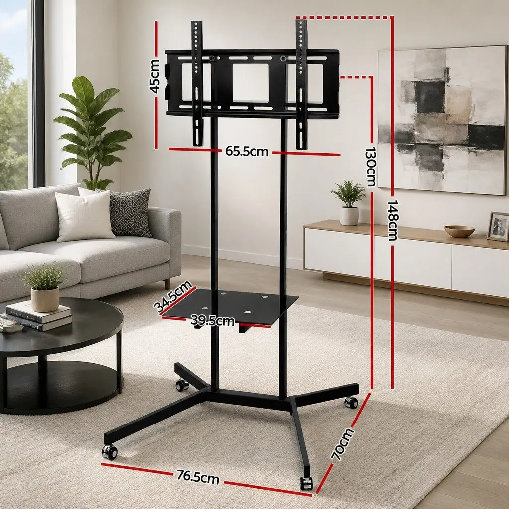 Mobile TV Stand Black 32 to 65 Inch Adjustable Height with Tempered Glass Shelf and Rotating Castor Wheels