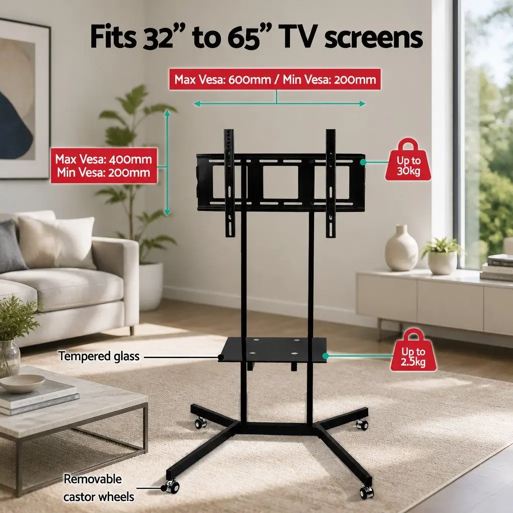 Mobile TV Stand Black 32 to 65 Inch Adjustable Height with Tempered Glass Shelf and Rotating Castor Wheels