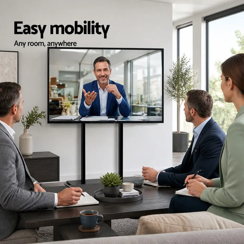 Mobile TV Stand Black 32 to 65 Inch Adjustable Height with Tempered Glass Shelf and Rotating Castor Wheels