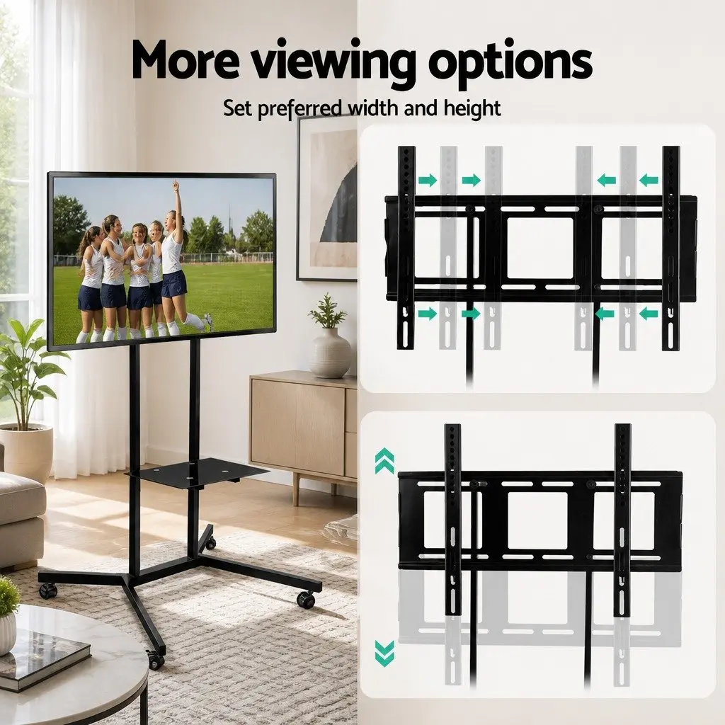 Mobile TV Stand Black 32 to 65 Inch Adjustable Height with Tempered Glass Shelf and Rotating Castor Wheels