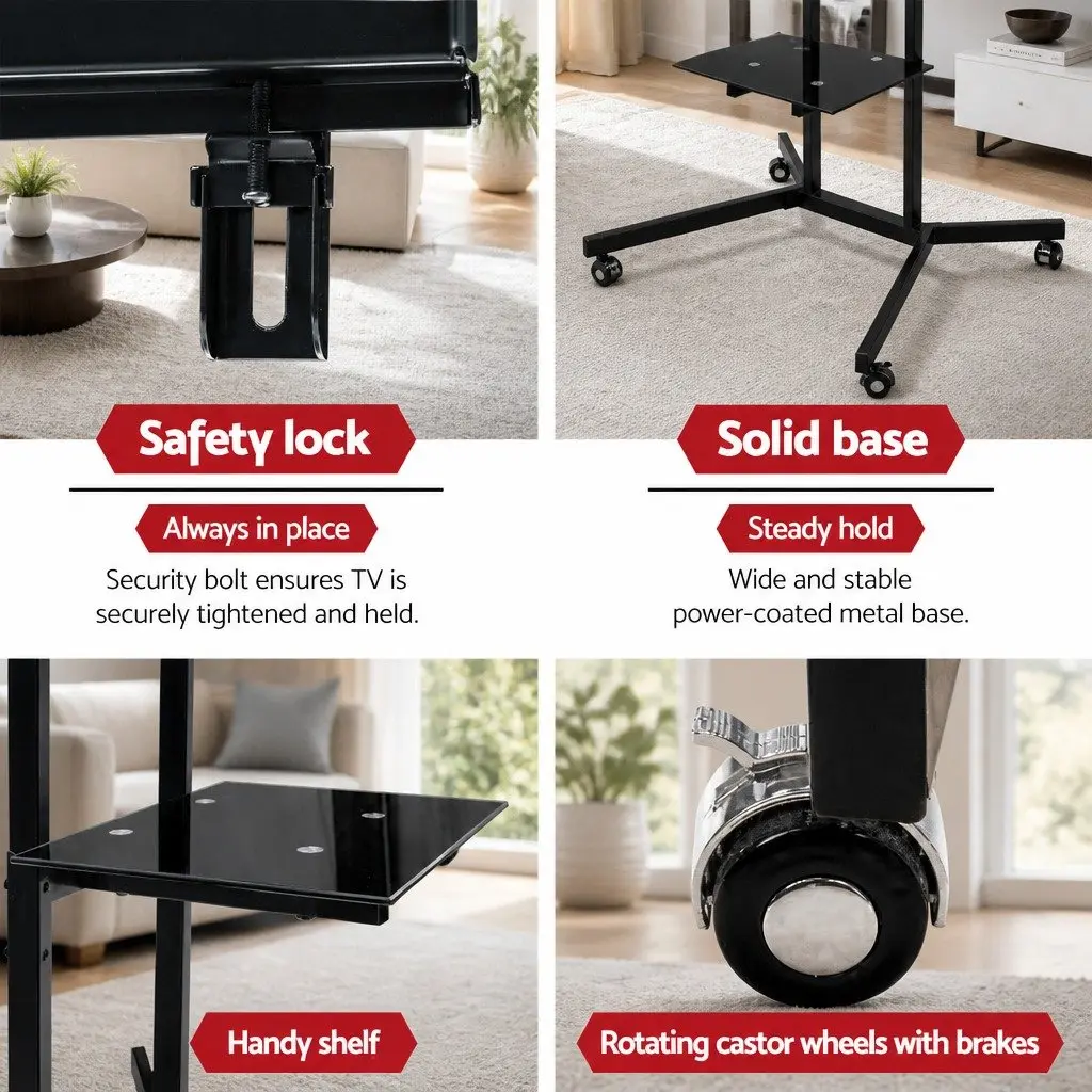 Mobile TV Stand Black 32 to 65 Inch Adjustable Height with Tempered Glass Shelf and Rotating Castor Wheels