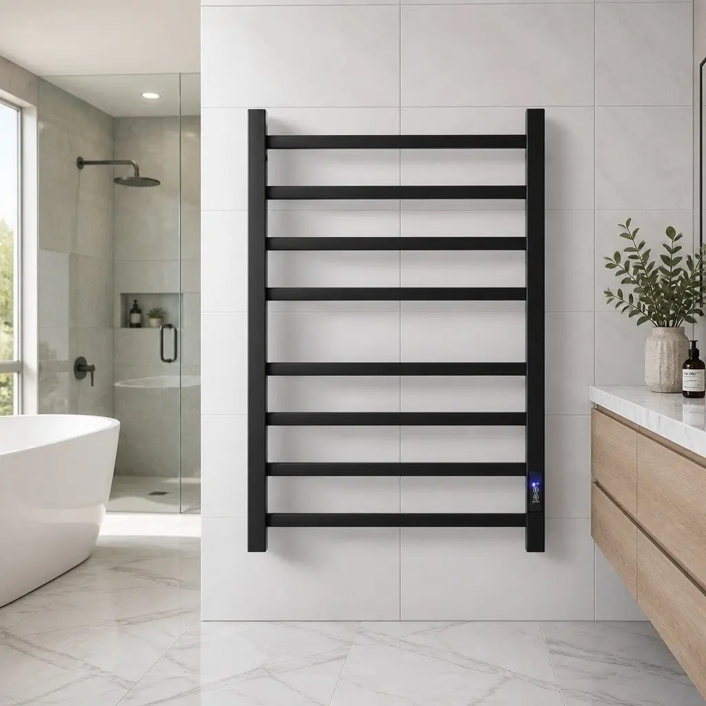 Heated Towel Rail Black 8 Square Bars Electric Warmer Rack Wall Mounted with Timer
