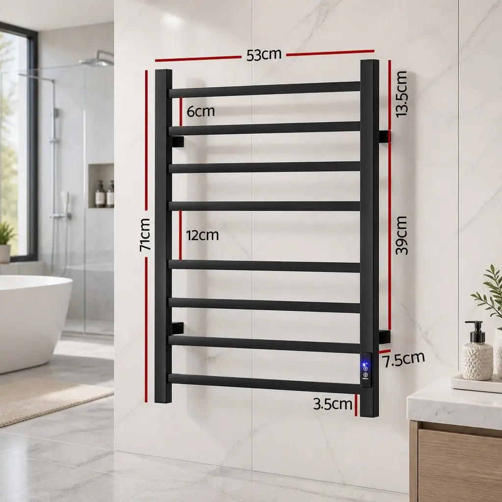 Heated Towel Rail Black 8 Square Bars Electric Warmer Rack Wall Mounted with Timer