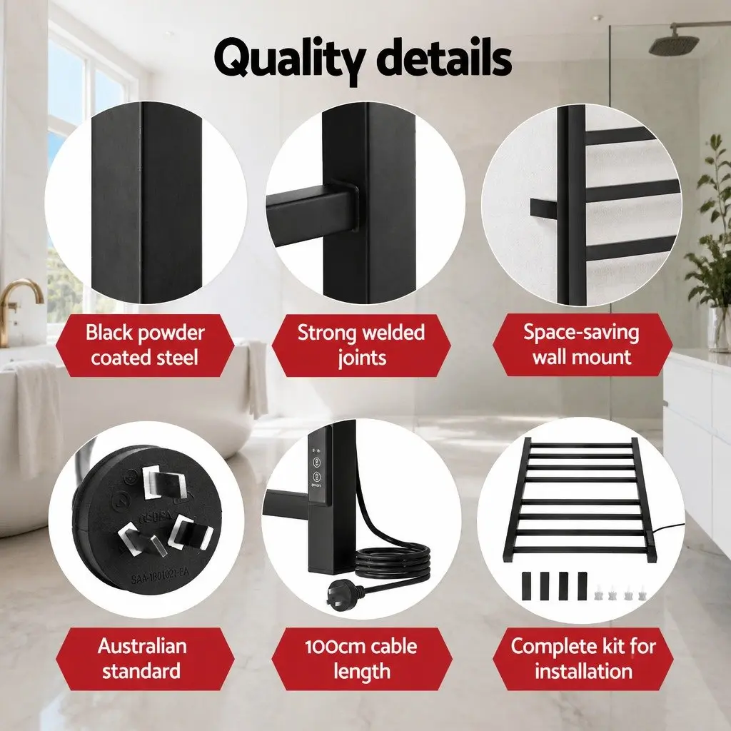Heated Towel Rail Black 8 Square Bars Electric Warmer Rack Wall Mounted with Timer
