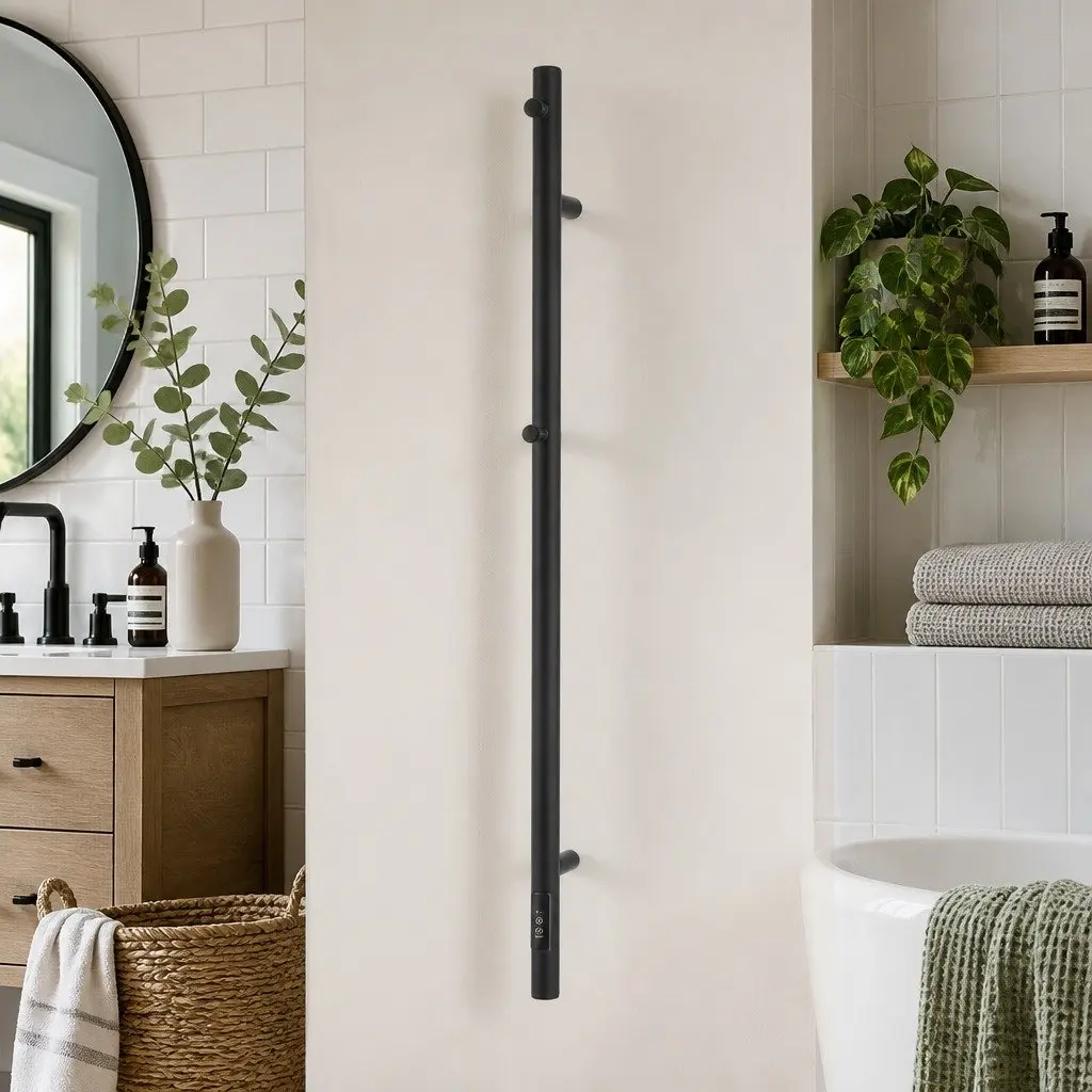 Heated Towel Rail Black Wall-Mounted Single Bar Electric Warmer with Timer 40-55°C