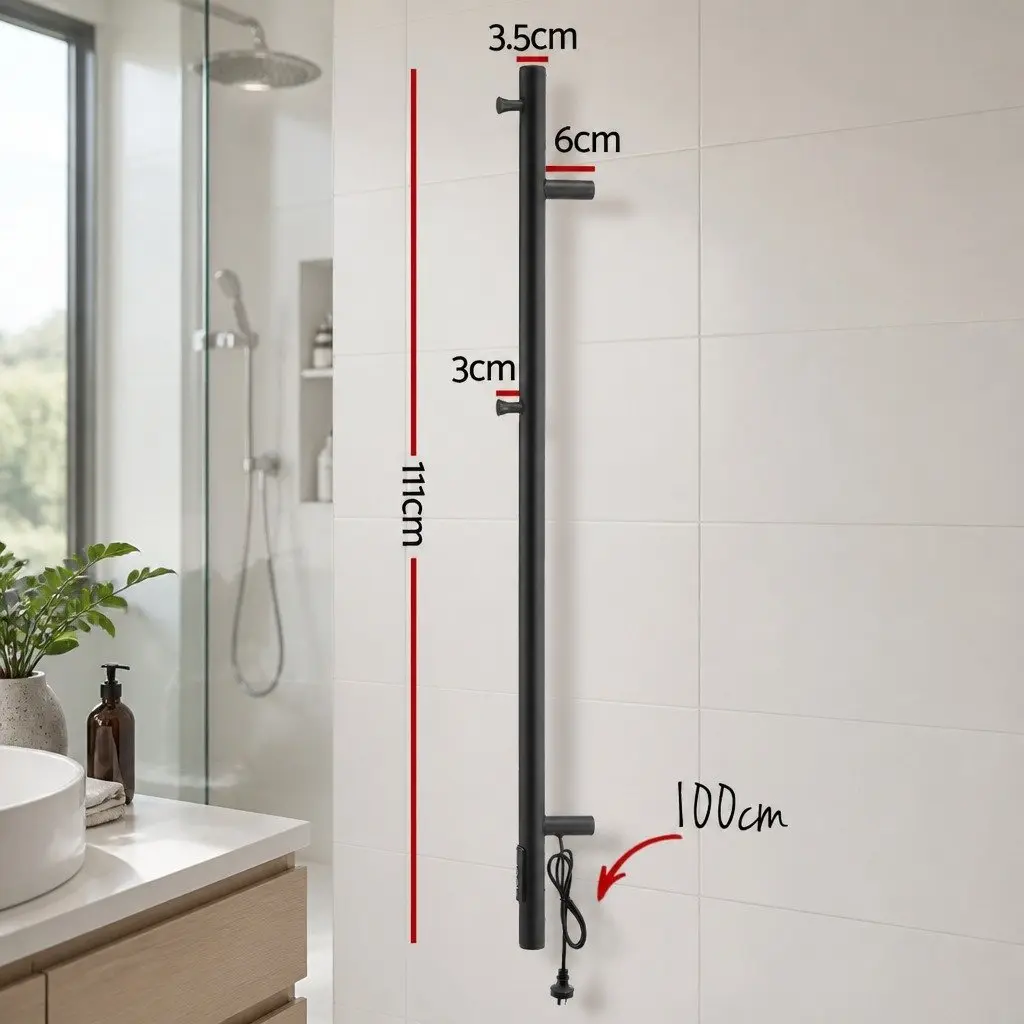 Heated Towel Rail Black Wall-Mounted Single Bar Electric Warmer with Timer 40-55°C