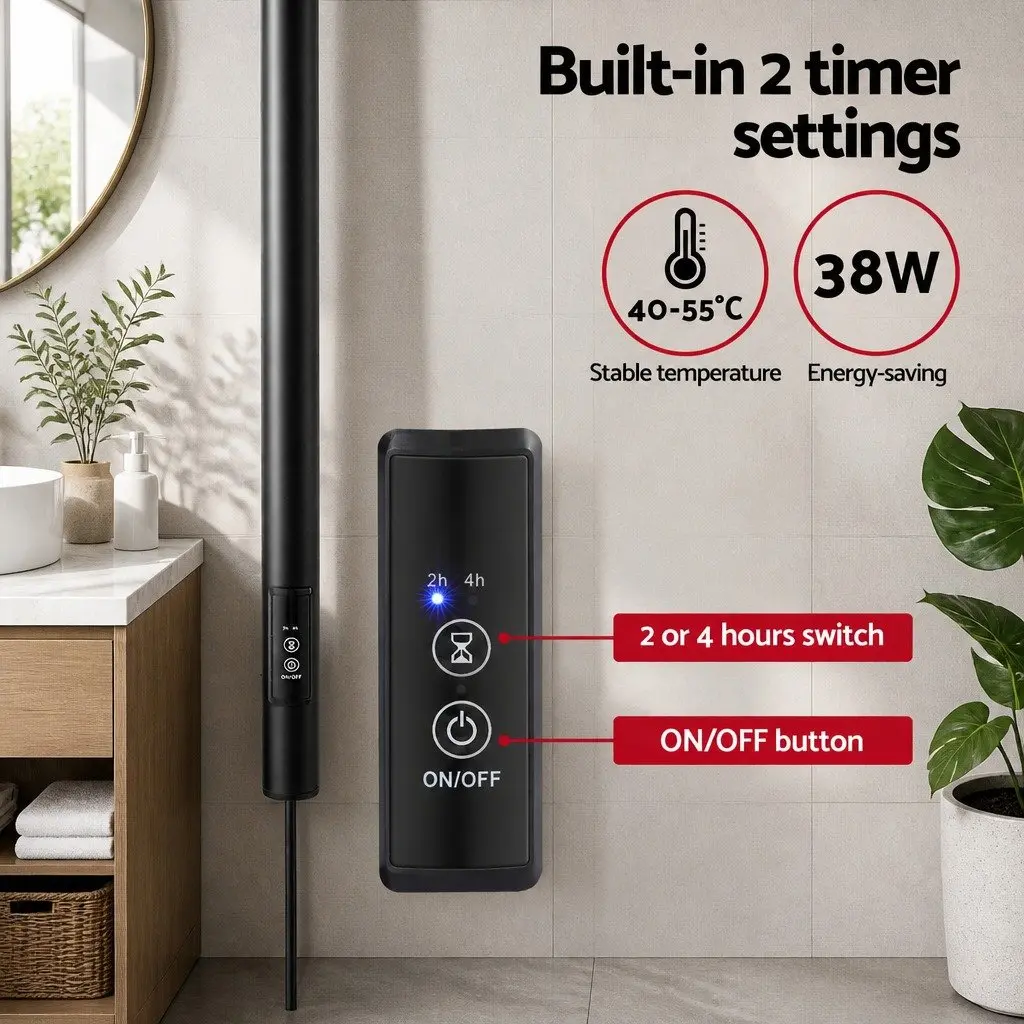 Heated Towel Rail Black Wall-Mounted Single Bar Electric Warmer with Timer 40-55°C