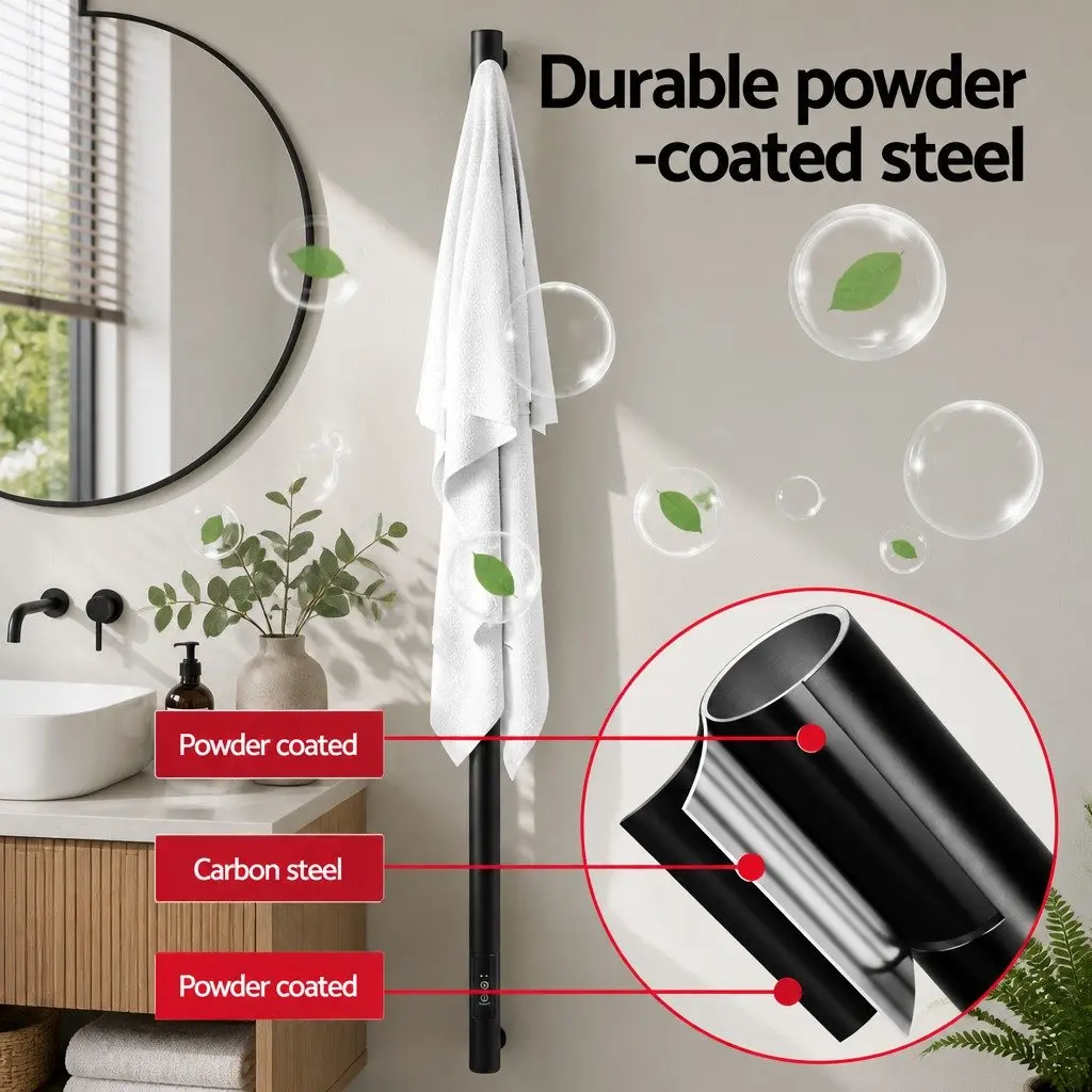 Heated Towel Rail Black Wall-Mounted Single Bar Electric Warmer with Timer 40-55°C