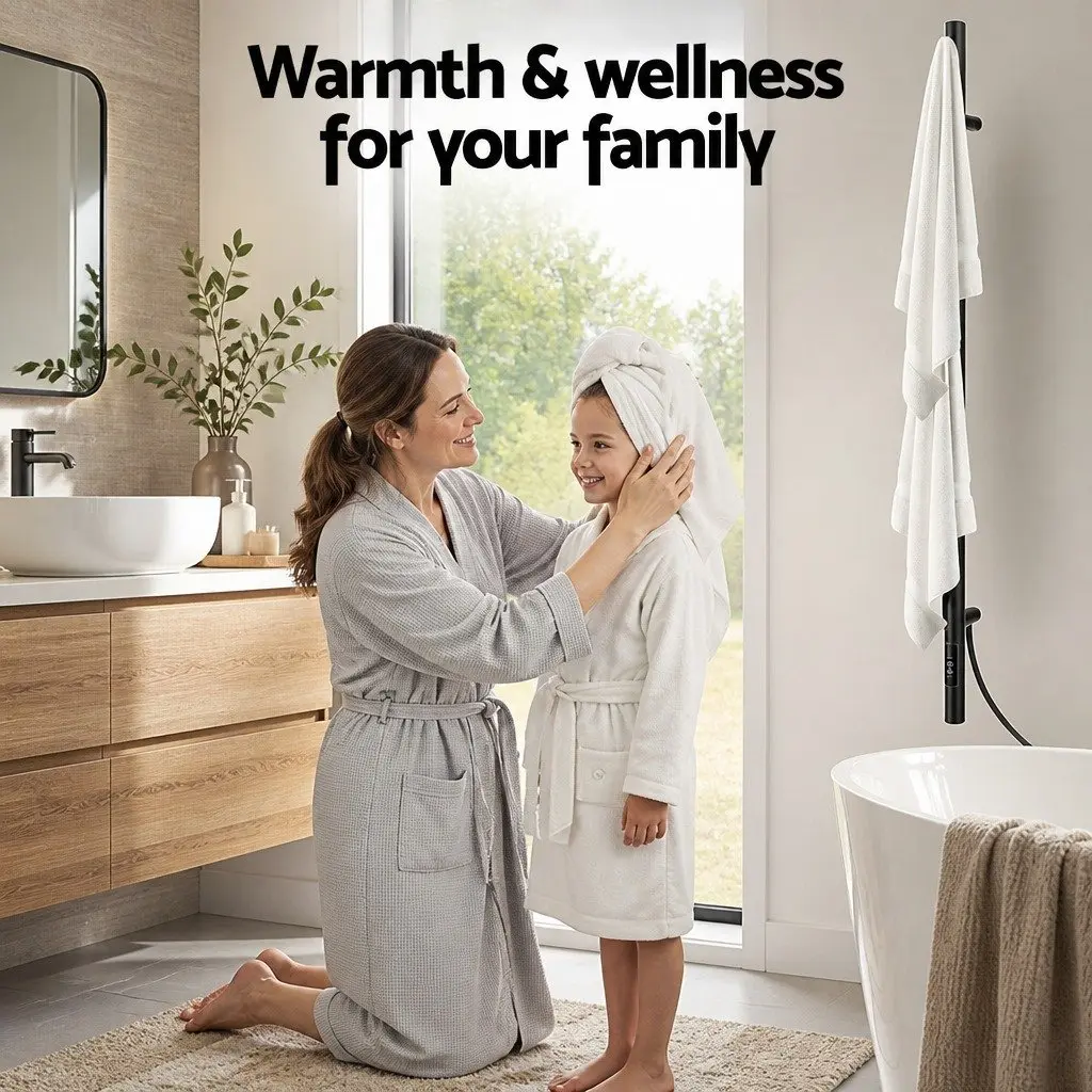 Heated Towel Rail Black Wall-Mounted Single Bar Electric Warmer with Timer 40-55°C