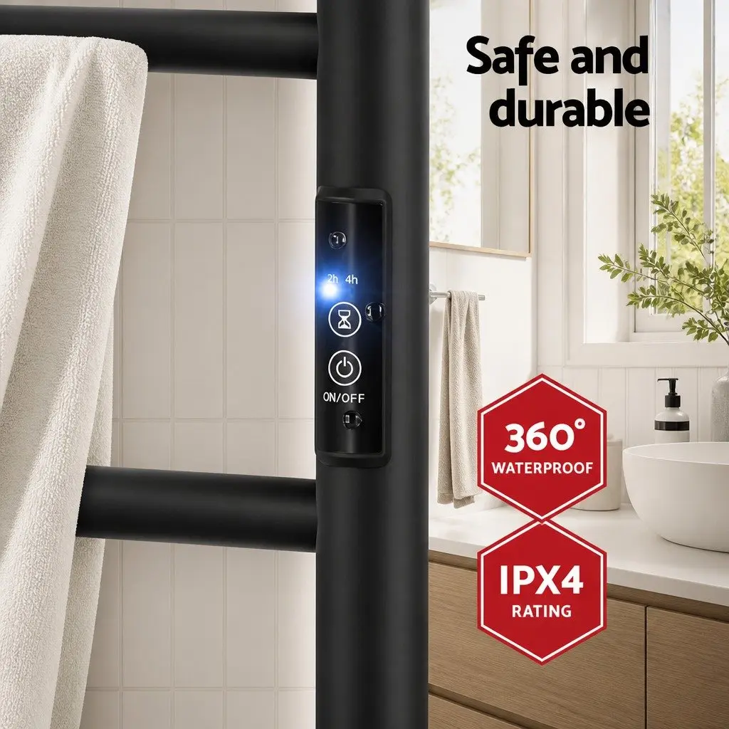 Heated Towel Rail Black 6 Round Bars Electric Warmer Rack with Timer