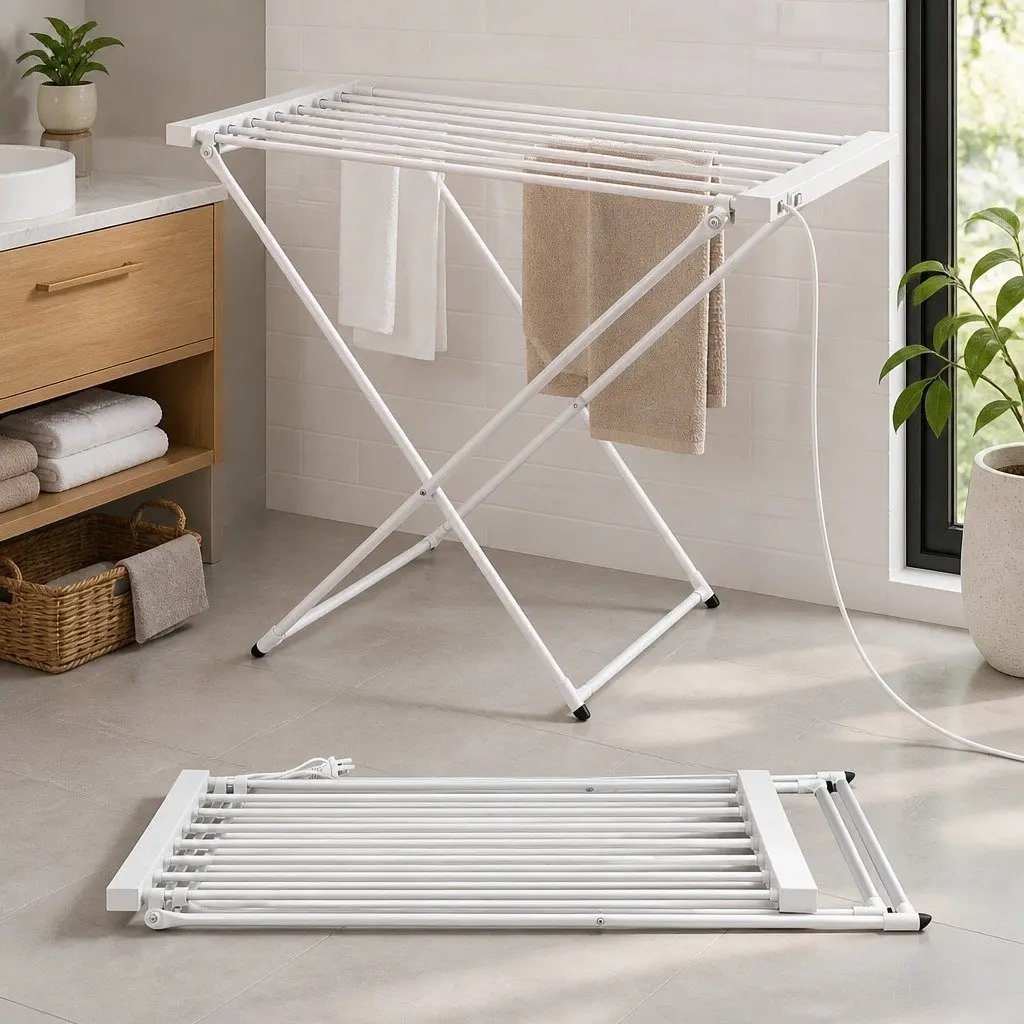 Heated Towel Rail Electric Clothes Airer Foldable Drying Rack 8 Bars Silver