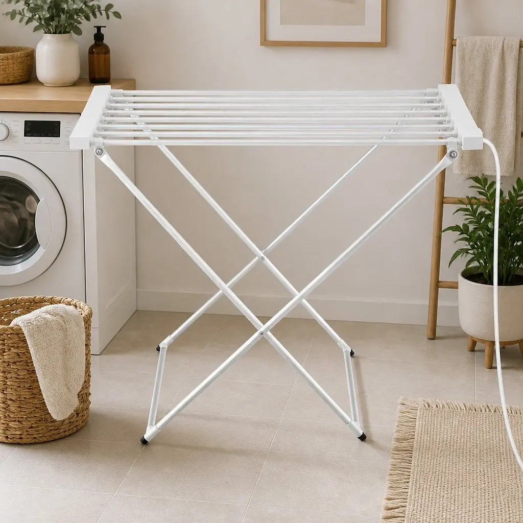 Heated Towel Rail Electric Clothes Airer Foldable Drying Rack 8 Bars Silver