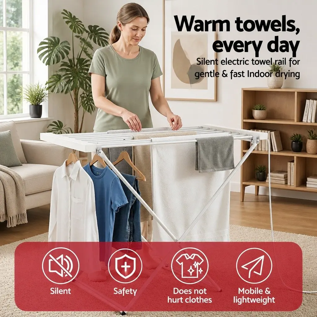Heated Towel Rail Electric Clothes Airer Foldable Drying Rack 8 Bars Silver