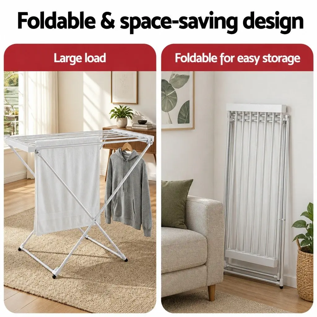 Heated Towel Rail Electric Clothes Airer Foldable Drying Rack 8 Bars Silver