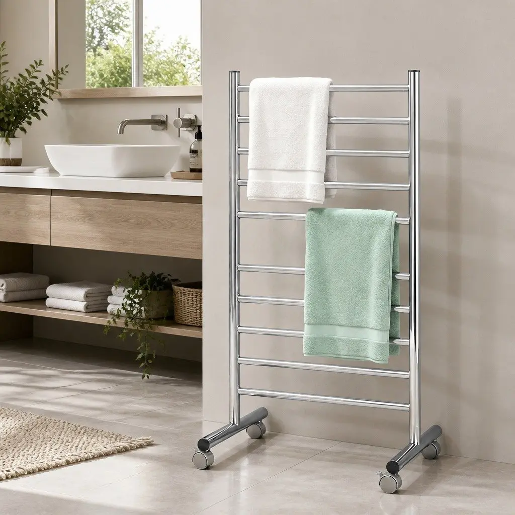 Heated Towel Rail Silver 10-Bar Freestanding Electric Warmer 100W Fast Heating 40-55°C Waterproof Switch
