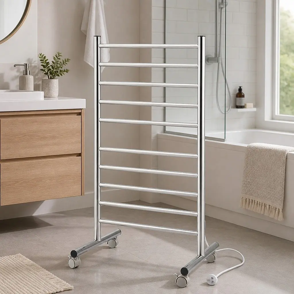 Heated Towel Rail Silver 10-Bar Freestanding Electric Warmer 100W Fast Heating 40-55°C Waterproof Switch