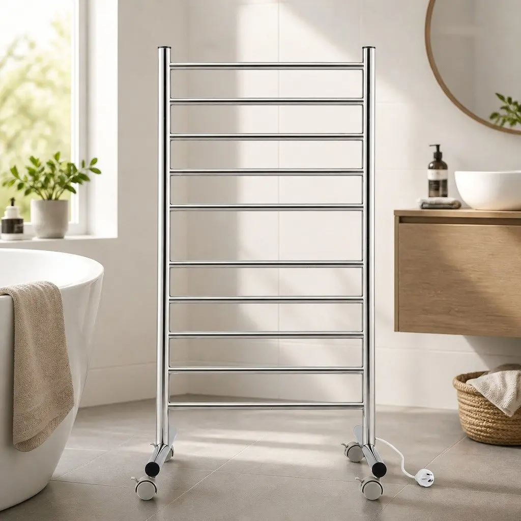 Heated Towel Rail Silver 10-Bar Freestanding Electric Warmer 100W Fast Heating 40-55°C Waterproof Switch