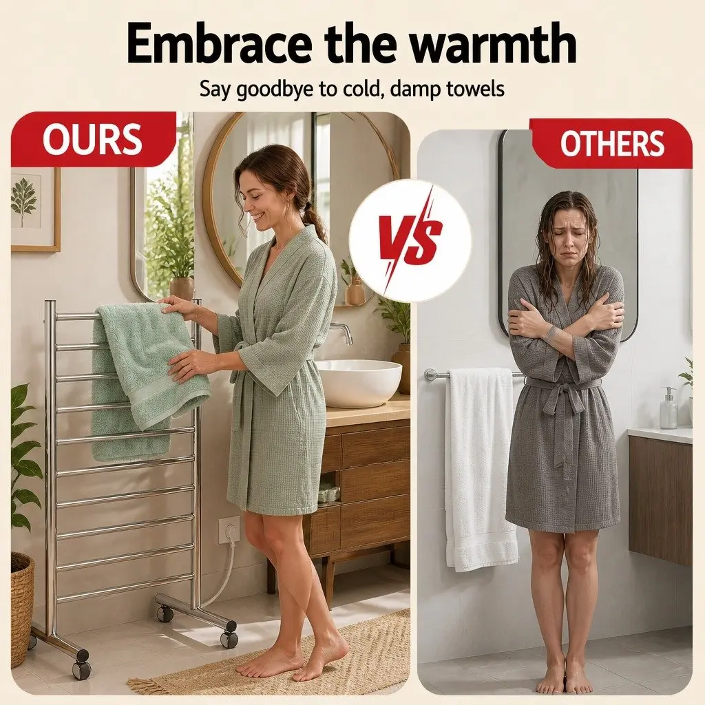 Heated Towel Rail Silver 10-Bar Freestanding Electric Warmer 100W Fast Heating 40-55°C Waterproof Switch