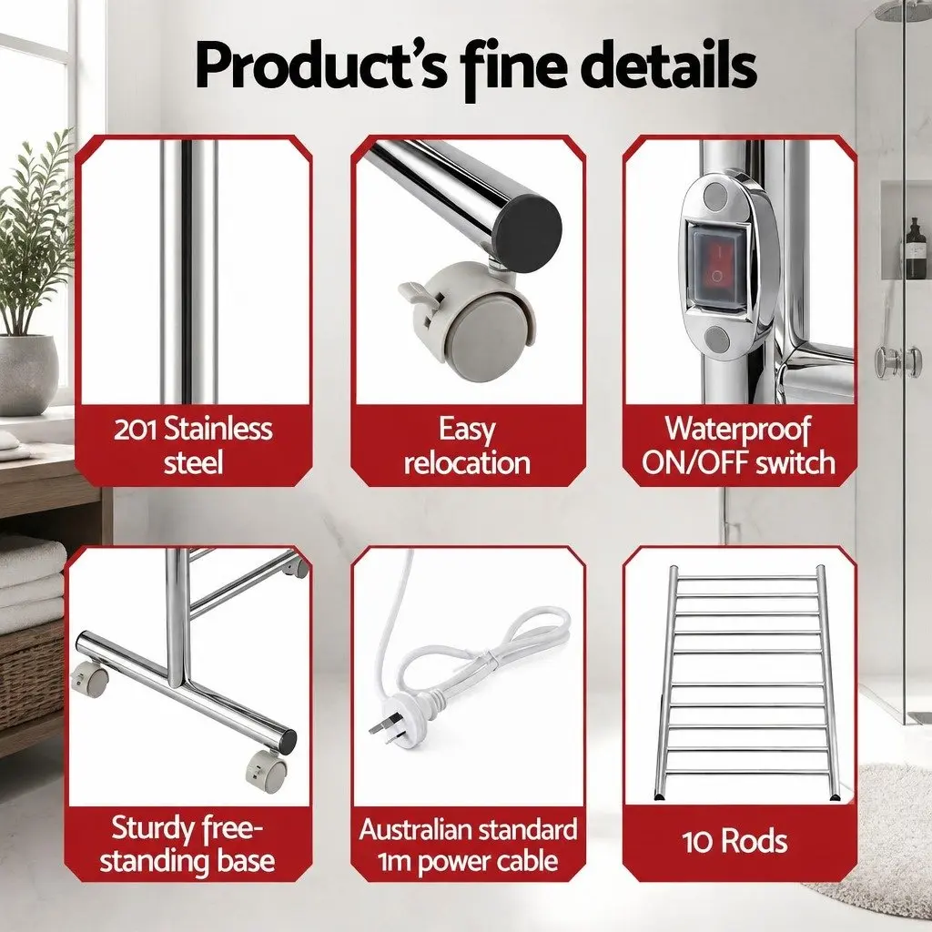 Heated Towel Rail Silver 10-Bar Freestanding Electric Warmer 100W Fast Heating 40-55°C Waterproof Switch