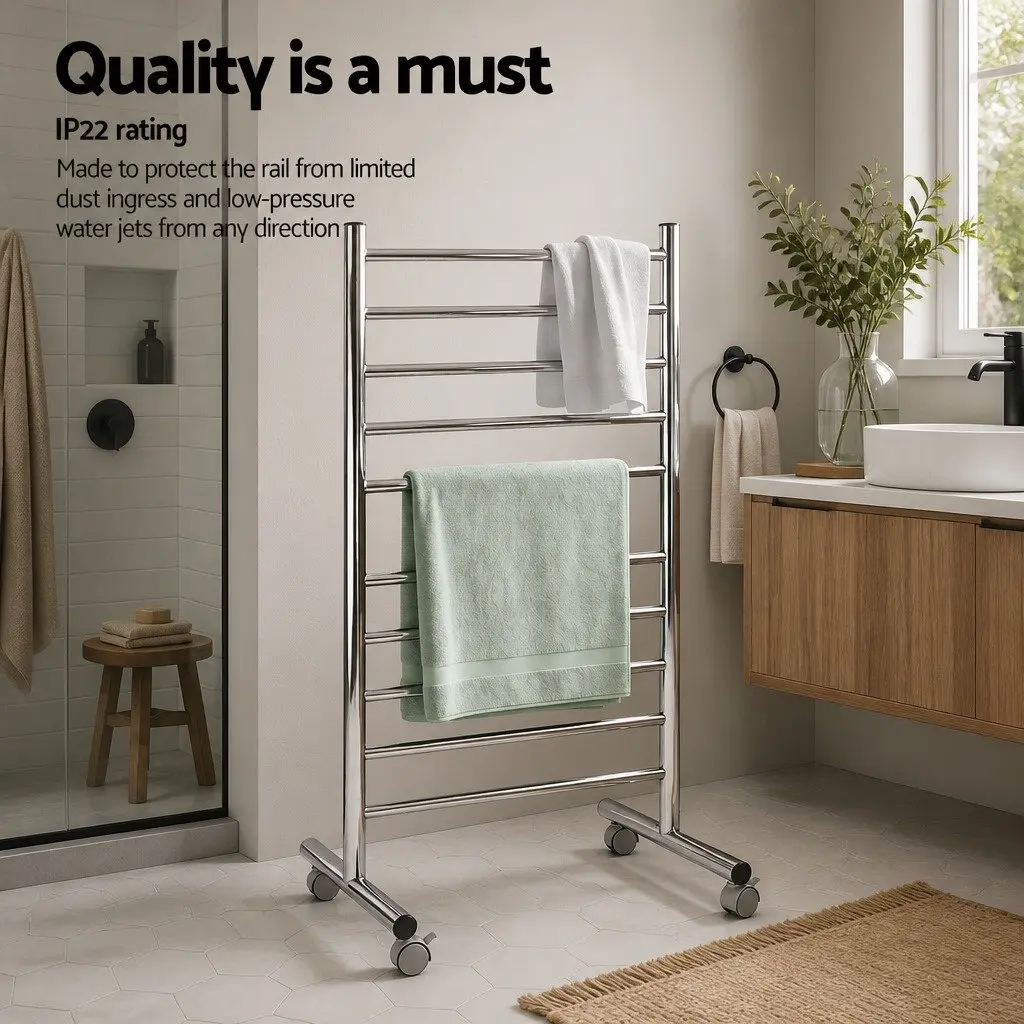 Heated Towel Rail Silver 10-Bar Freestanding Electric Warmer 100W Fast Heating 40-55°C Waterproof Switch
